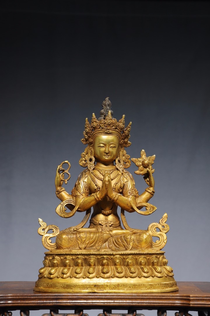 古董店旧蔵・時代珍品・銅流金彫・四臂觀音・古仏像・供養品・中国古玩