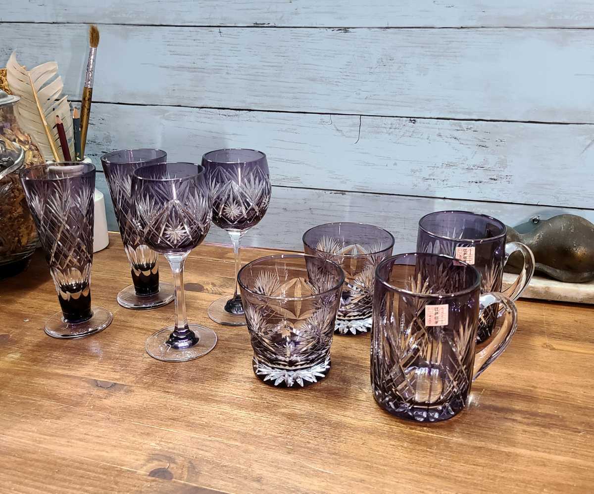 美品☆廣田硝子 切子グラス 8点セット マグカップ ロックグラス ワイン