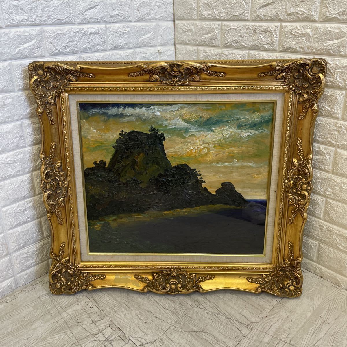 J 絵画 風景画 絵 額縁付き ゴールド アンティーク 山 海 空 自然風景 美術品 格安売り切りスタート ☆