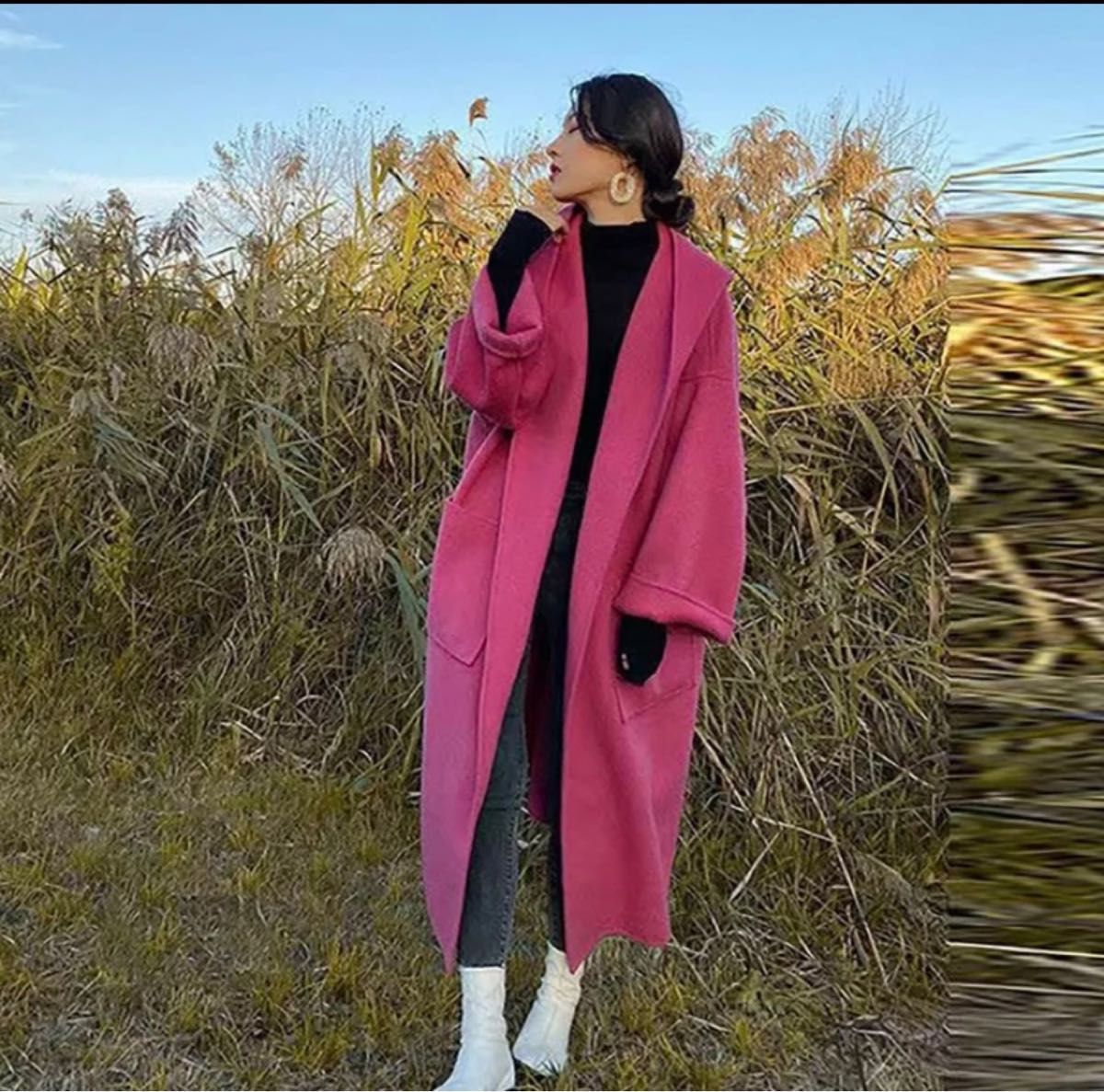 フード付き　コート　ローズカラーコート　ピンク　ロングコート　オルチャン　韓国