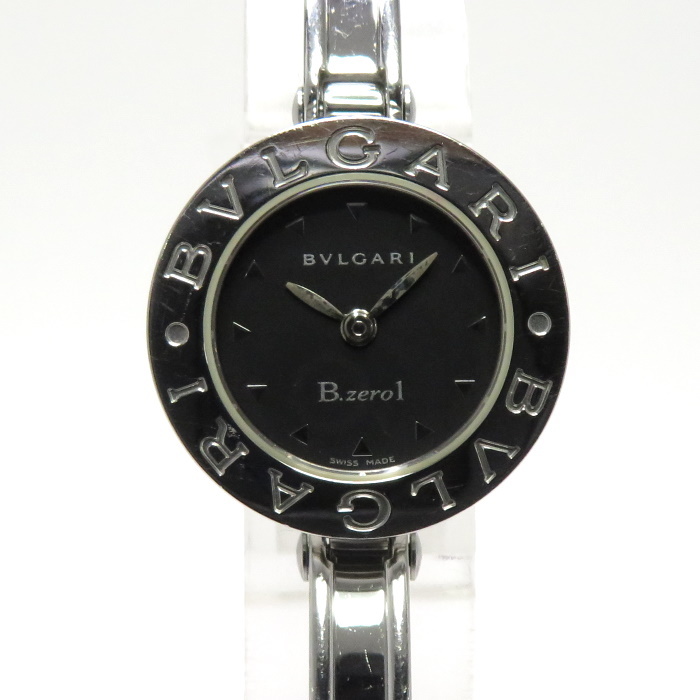 【】BVLGARI B-ZERO1 バングルウォッチ クオーツ腕時計 ステンレススチール ブラック文字盤 シルバー SS BZ22S