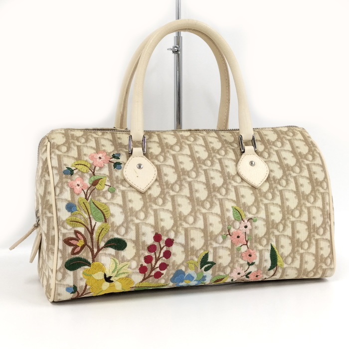 【中古】Christian Dior ハンドバッグ トロッター 花刺繍 フラワー レザー クリーム