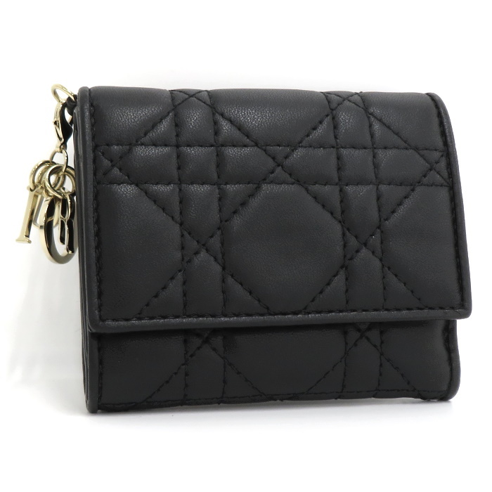 【あすつく】 【中古】Christian Dior 三つ折り財布 カナージュ レザー ブラック 女性用財布