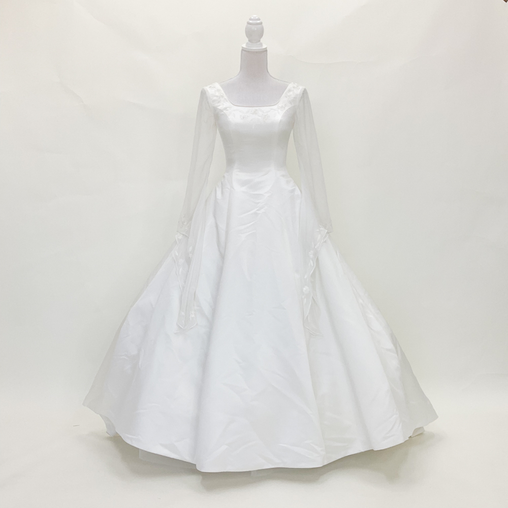 中古 袖つきウェディングドレス フォト婚／二次会／ステージ衣装 Aライン ホワイト 9号程度 W-133