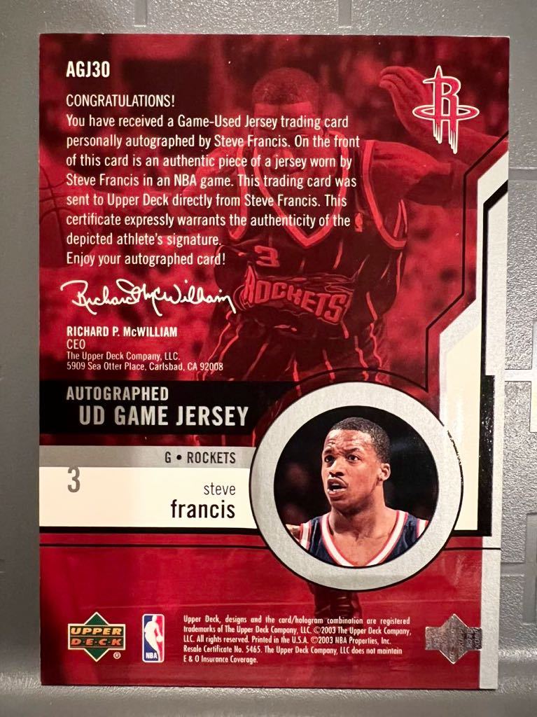 直書100枚限定 Auto Jersey 03 Upper Deck Steve Francis スティーブ・フランシス NBA サイン ロケッツ Rockets Panini バスケ All-star_画像2