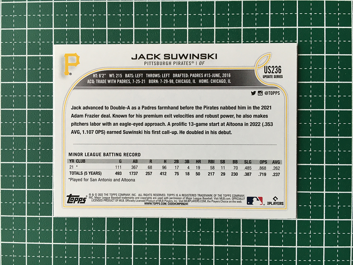 ★TOPPS MLB 2022 UPDATE #US236 JACK SUWINSKI［PITTSBURGH PIRATES］ベースカード「BASE」ルーキー「RC」★_画像2