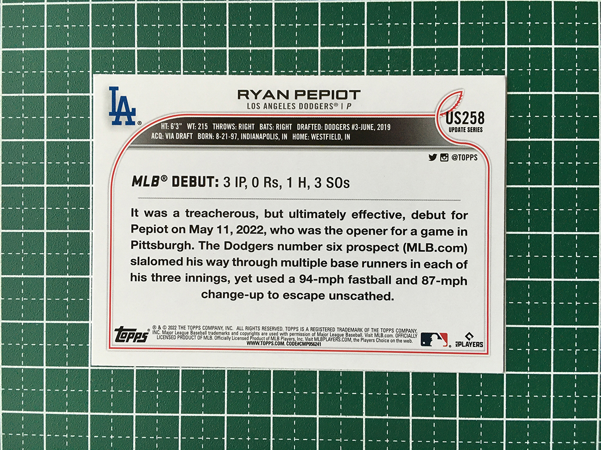 ★TOPPS MLB 2022 UPDATE #US258 RYAN PEPIOT［LOS ANGELES DODGERS］ベースカード「RD」ルーキー「RC」★_画像2