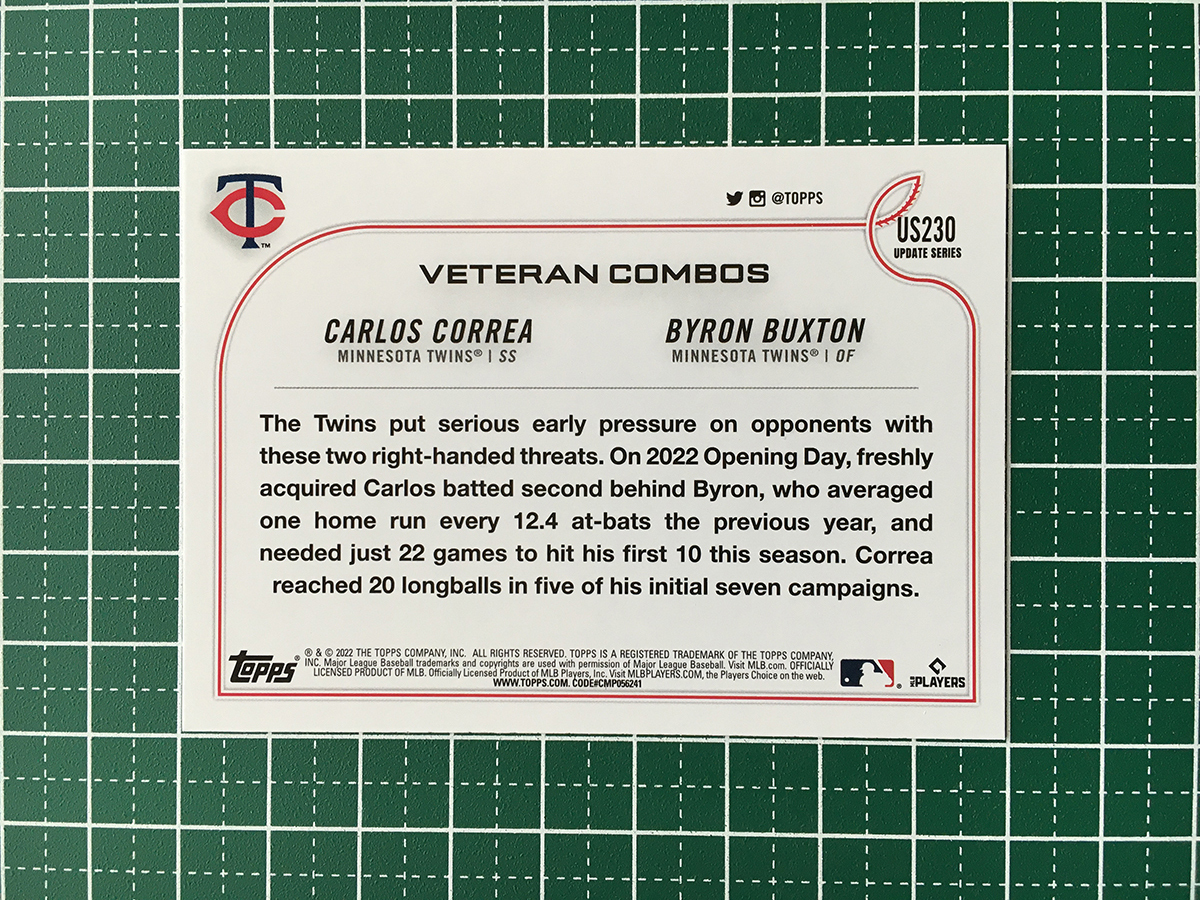 ★TOPPS MLB 2022 UPDATE #US230 CARLOS CORREA／BYRON BUXTON／STARS COLLIDE［MINNESOTA TWINS］ベースカード「CC」★_画像2