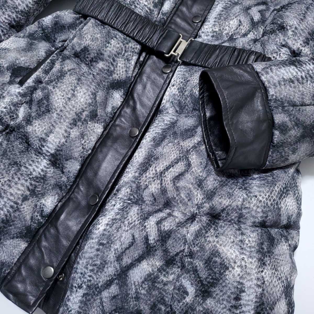 美品☆BALMAIN☆バルマン パイソン柄 羊革 ダウンコート シルバーフォックスファー グレー ラムレザー_画像3