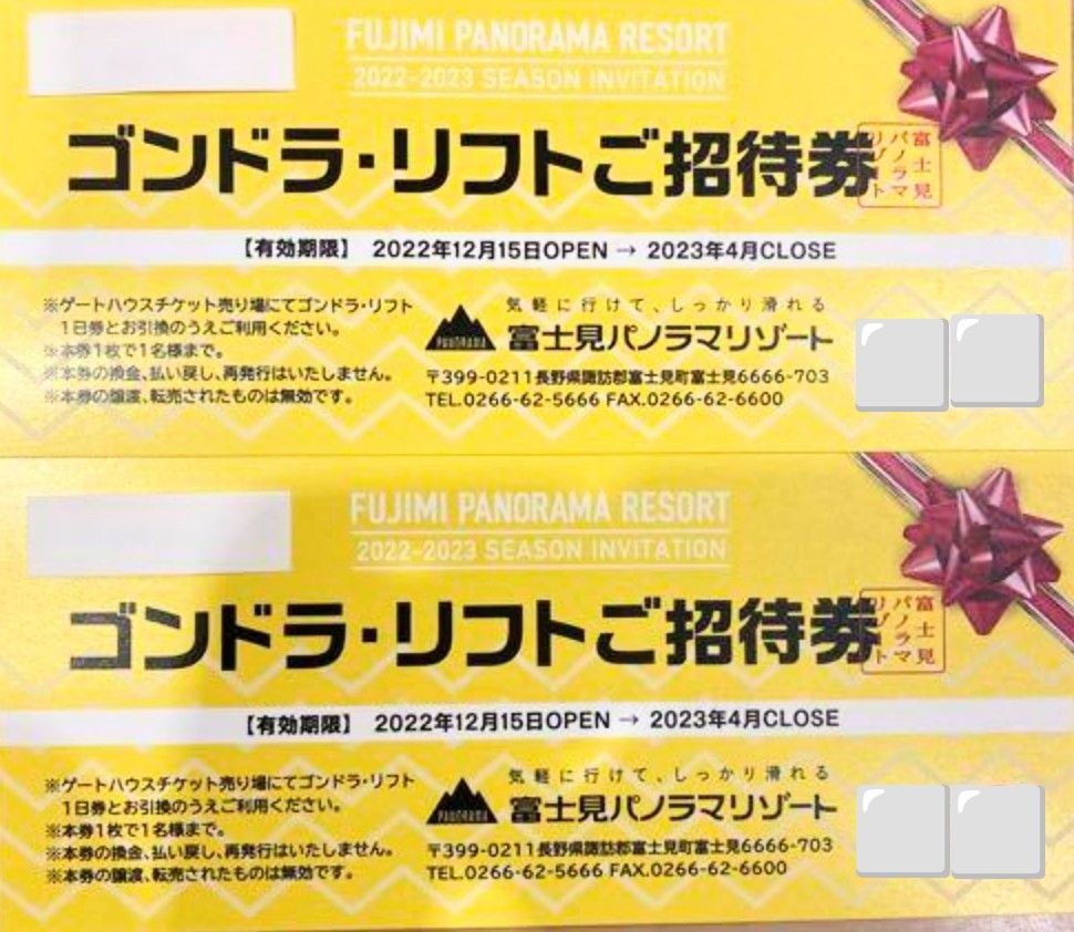 富士見パノラマリゾートゴンドラ・リフトご招待券 4枚セット-