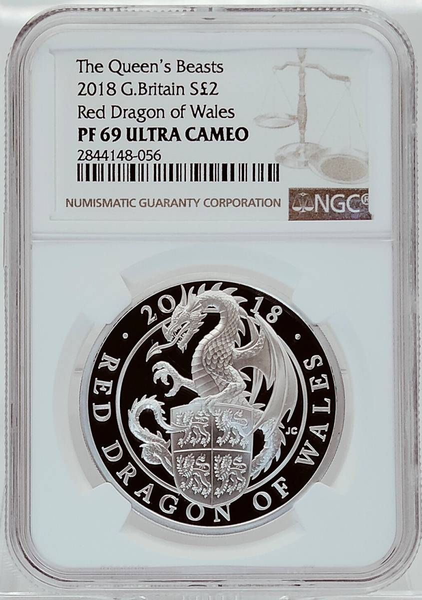 【準最高鑑定 COA BOX】レッドドラゴン 2018年 イギリス クイーンズ ビースト 1オンス 2ポンド プルーフ 銀貨 NGC PF69 アンティークコイン_画像3