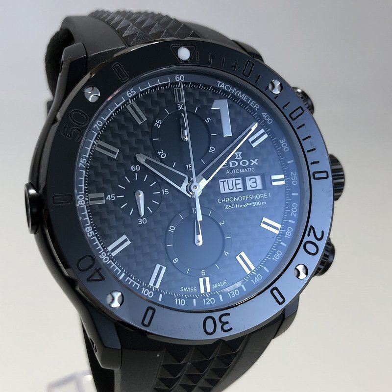極美品 EDOX エドックス クロノオフショア1 自動巻き腕時計 01122-37N1-NIN1-S ブラック クロノグラフ デイト ラバーベルト 質セブン
