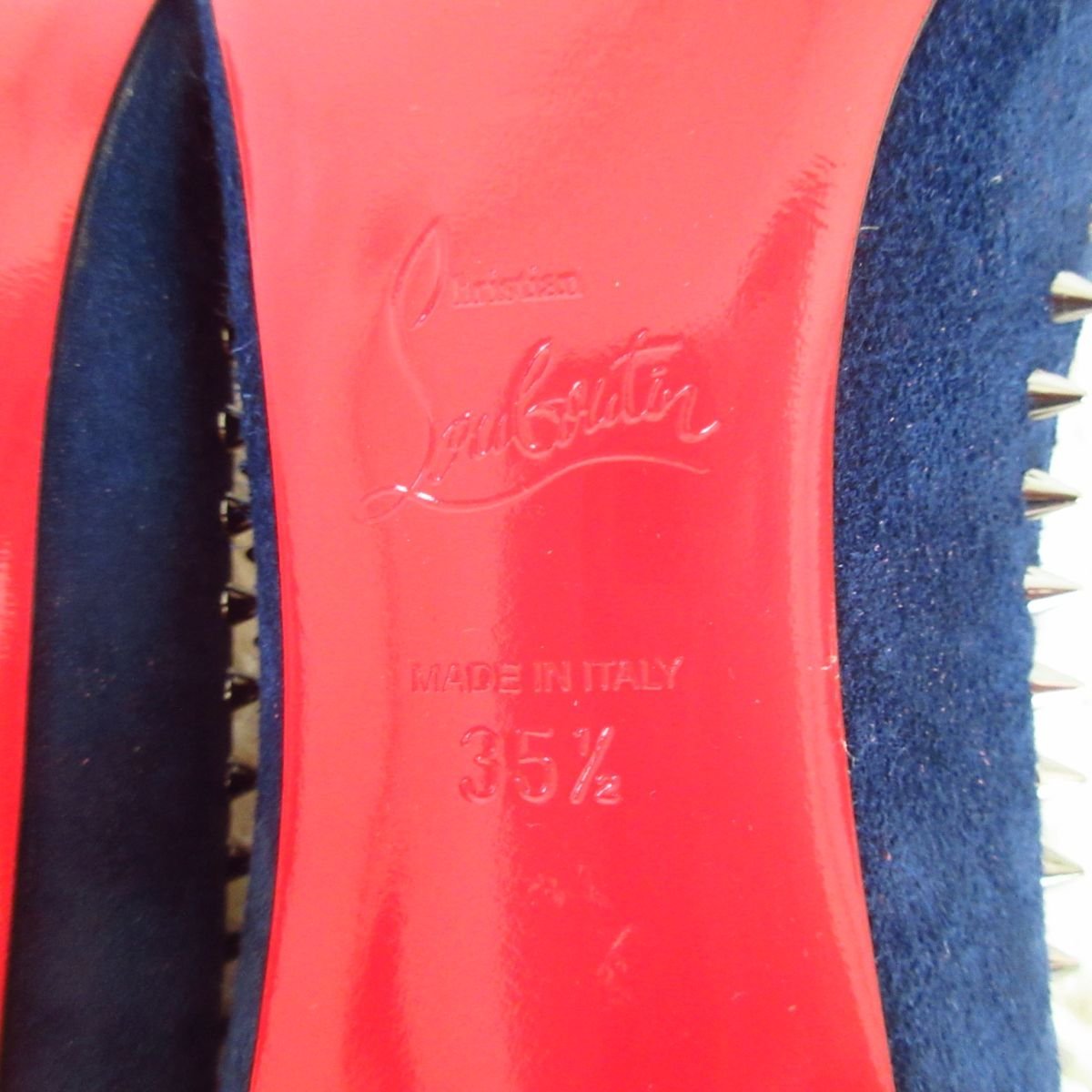 美品 Christian Louboutin クリスチャンルブタン アンジェリーナ スエード スタッズ ポインテッドトゥ パンプス 35.5 約22.5cm 紺 114_画像8