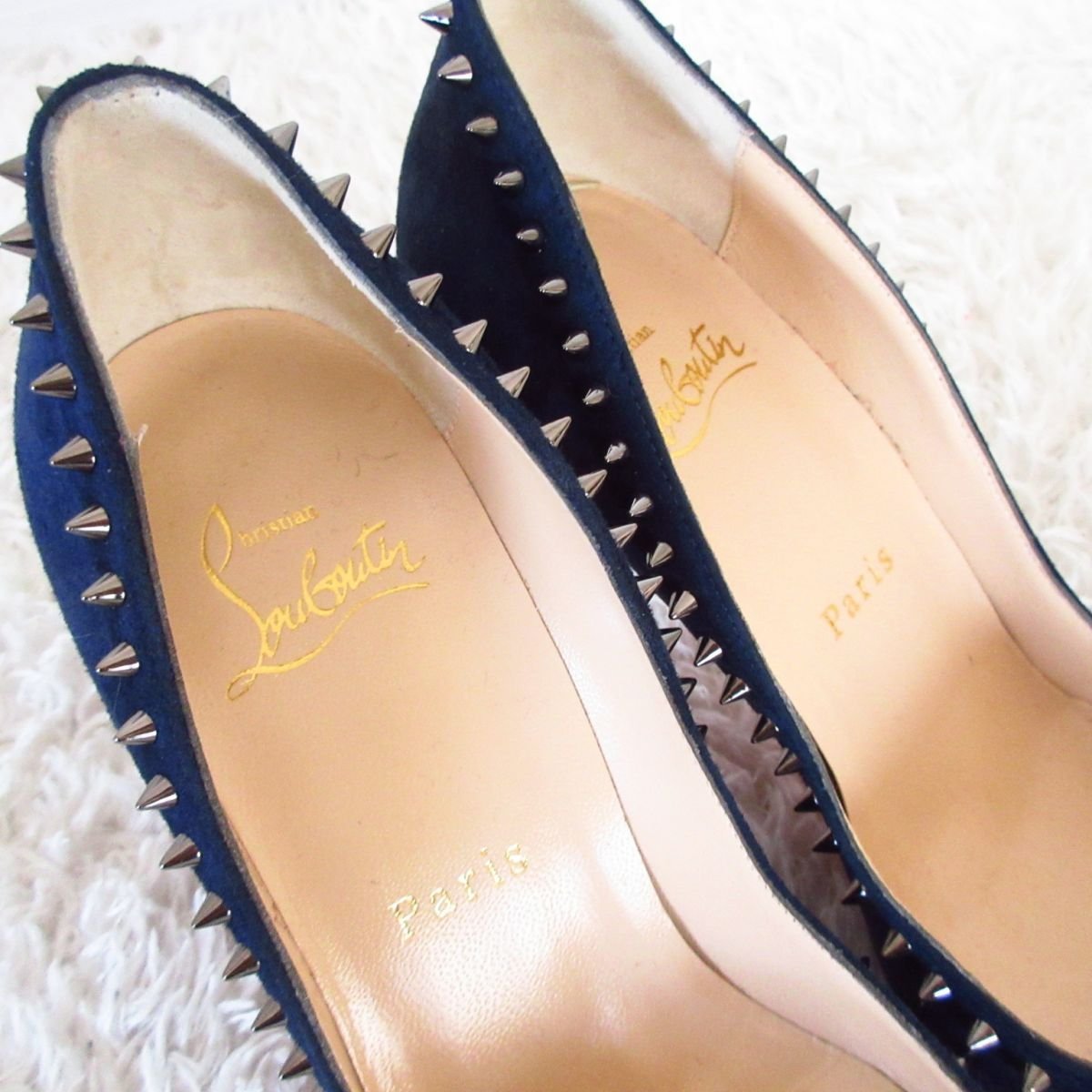 美品 Christian Louboutin クリスチャンルブタン アンジェリーナ スエード スタッズ ポインテッドトゥ パンプス 35.5 約22.5cm 紺 114_画像7