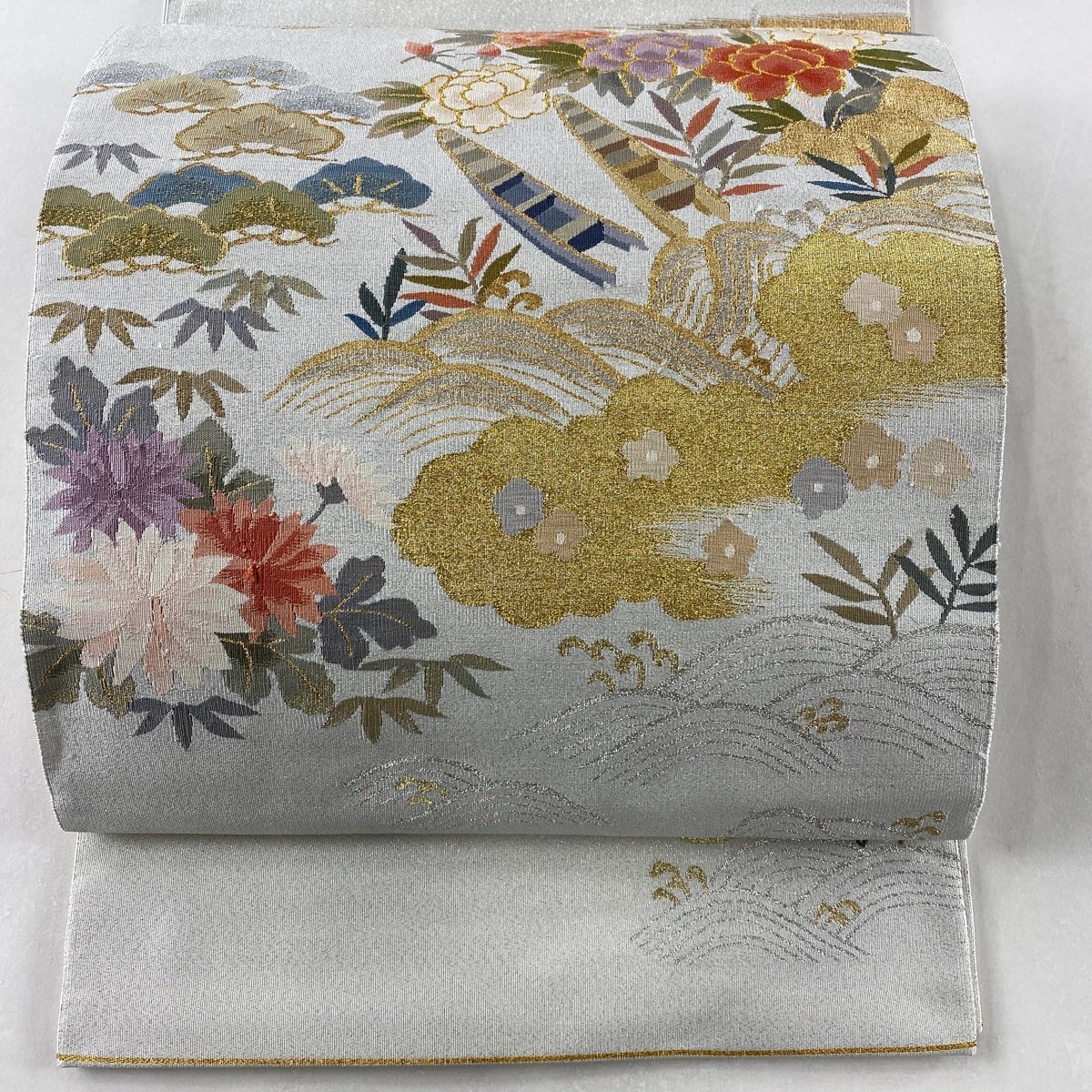 当社の 灰白 箔 金銀糸 船 松竹梅 名品 美品 袋帯 お太鼓柄 【中古