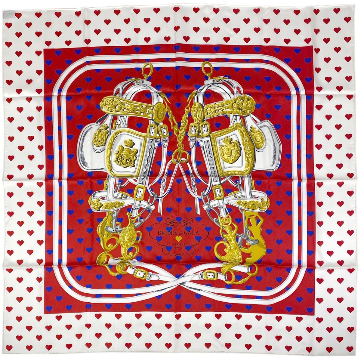 エルメス HERMES カレ 90 BRIDES de GALA 式典用馬勒 馬具 バレンタインコレクション スカーフ シルク ホワイト レディース 中古