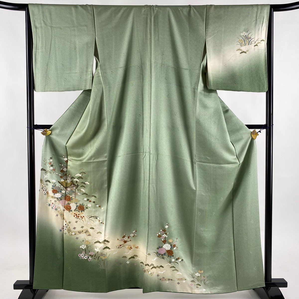 付下げ 秀品 山鉾 花鳥 金彩 染め分け 灰緑 袷 身丈160.5cm 裄丈67cm M 正絹 【中古】の画像1