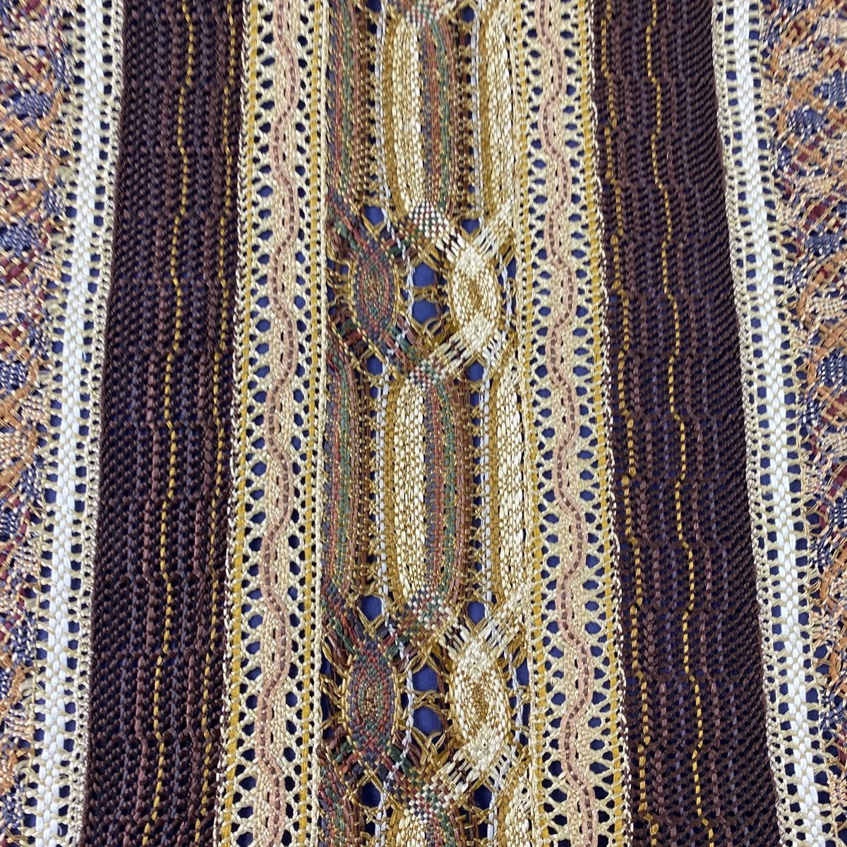 袋帯 美品 名品 やまと 幾何学模様 金糸 薄茶色 全通 正絹(中古)の