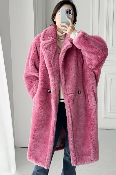 新品暖かいレディース100％ウールコート可愛い毛皮ジャケットピンクS_画像2