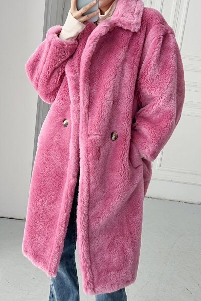 新品暖かいレディース100％ウールコート可愛い毛皮ジャケットピンクS_画像3