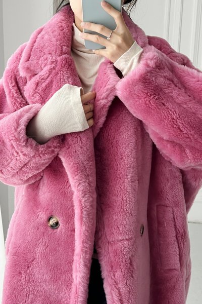 新品暖かいレディース100％ウールコート可愛い毛皮ジャケットピンクS_画像4