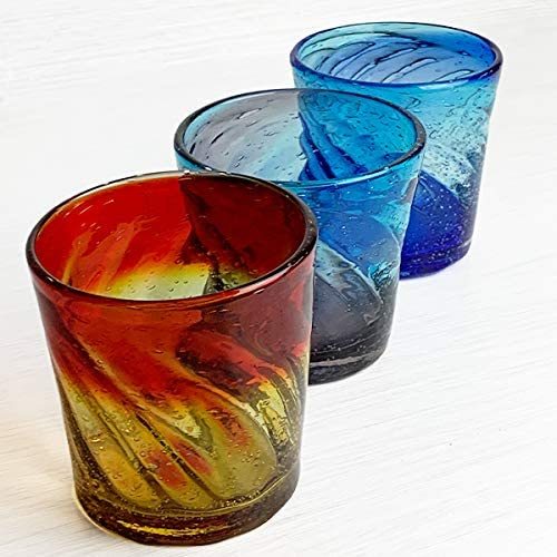 琉球ガラス 美ら海ロックグラス 涼し気なレッド×イエロー 冷茶グラス コップ カップ グラス 270ml 吹きガラス製法 ひねり模様 鮮やか