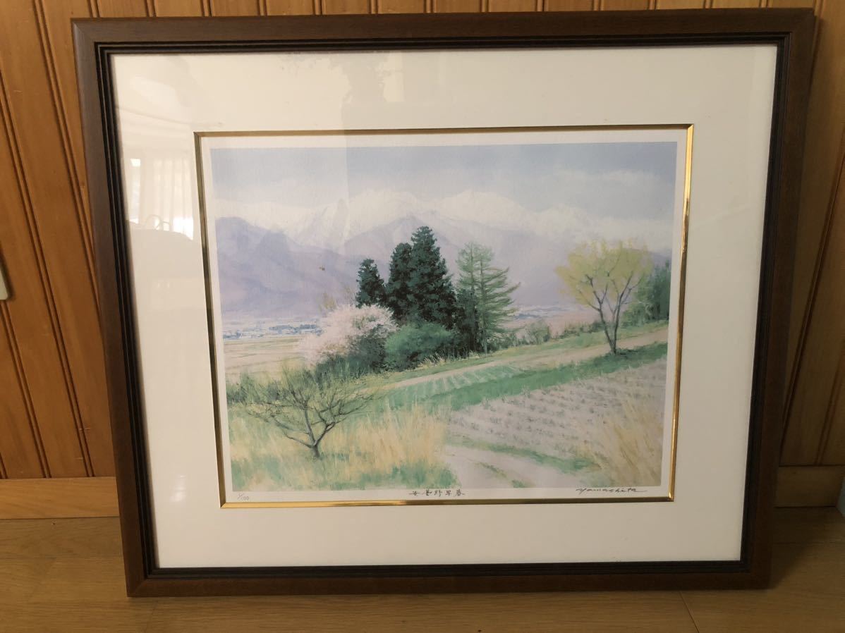 山下　安曇野風景　1/100 安曇野　74×64cm 癒し　枠　自然　風景画　長野県　山　額装付　ウッド　癒し 信州