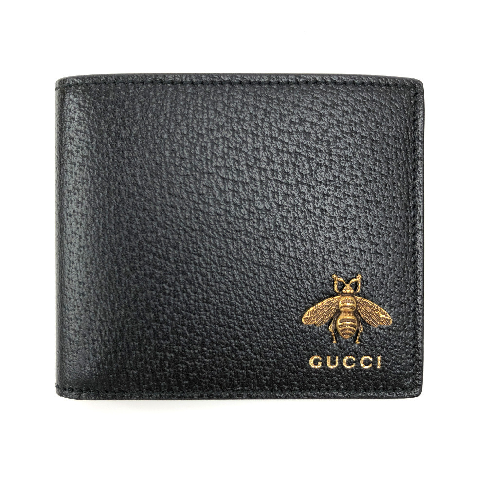 グッチ 二つ折り財布 アニマリエ ビー 523664 レザー ブラック メンズ GUCCI 中古 K21118113_画像2