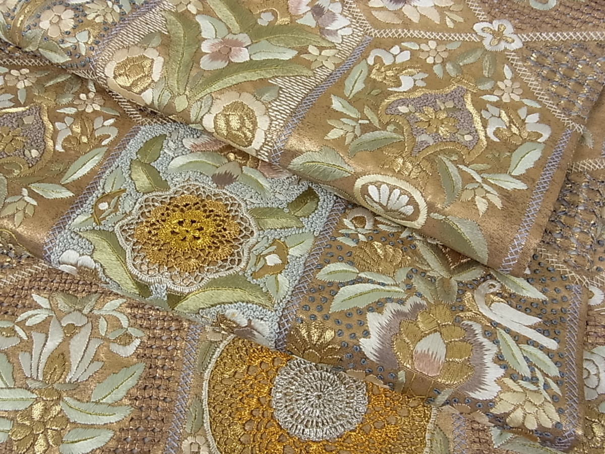 平和屋□極上 六通柄袋帯 スワトウ刺繍 相良刺繍 飾花文 金銀糸 逸品