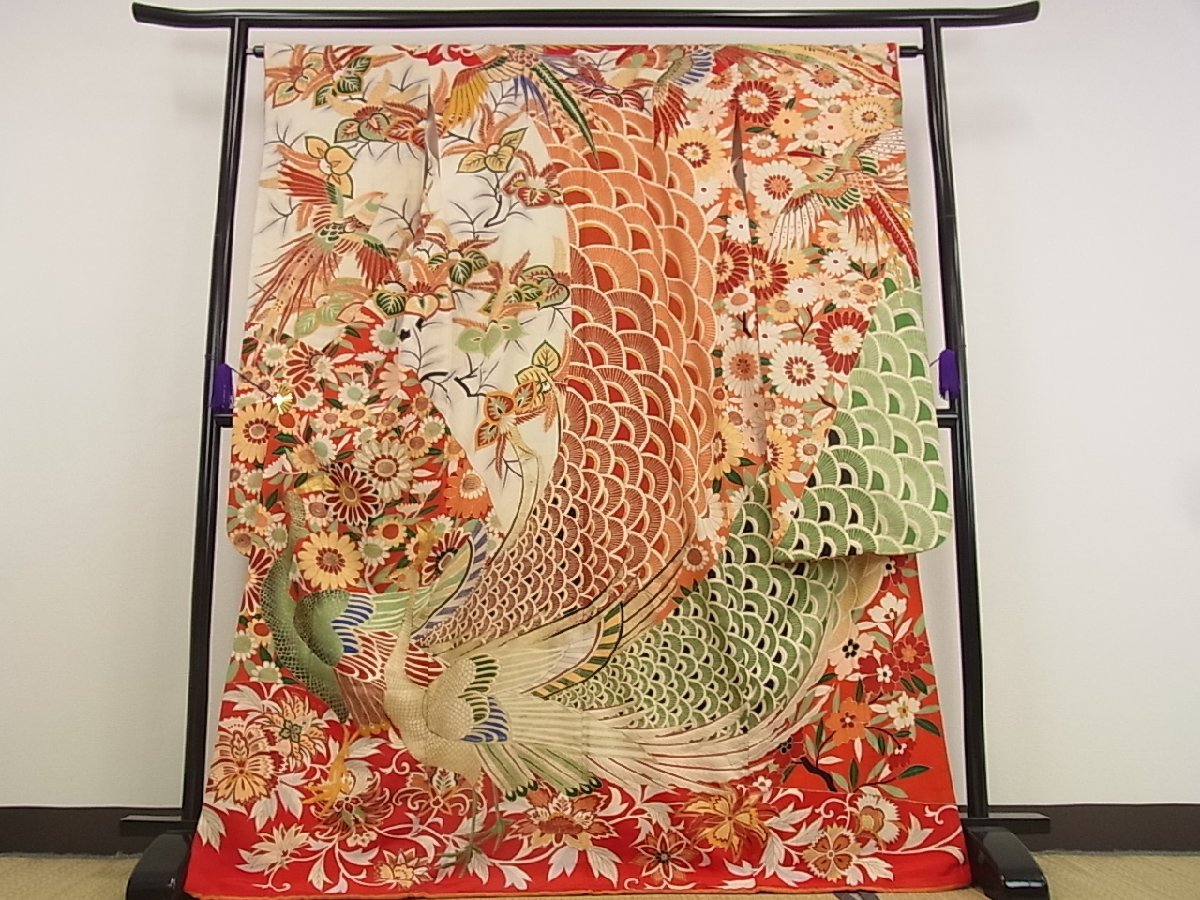 注目 平和屋□極上 アンティーク 大正ロマン 振袖 駒刺繍 孔雀花文