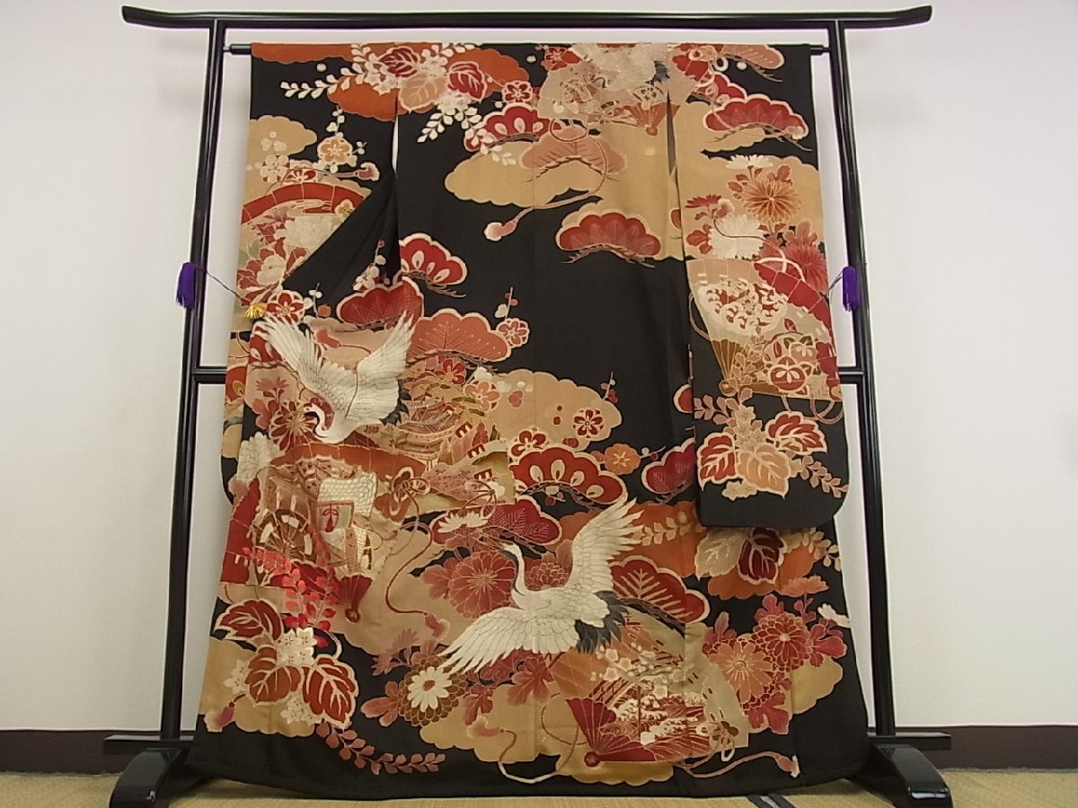 超人気高品質 平和屋■極上 アンティーク 大正ロマン 振袖 駒刺繍 飛鶴吉祥花文 黒地 金彩 逸品2s158 振袖 超人気高品質 平和屋■極上 アンティーク 大正ロマン 振袖 駒刺繍 飛鶴吉祥花文 黒地 金彩 逸品2s158 振袖