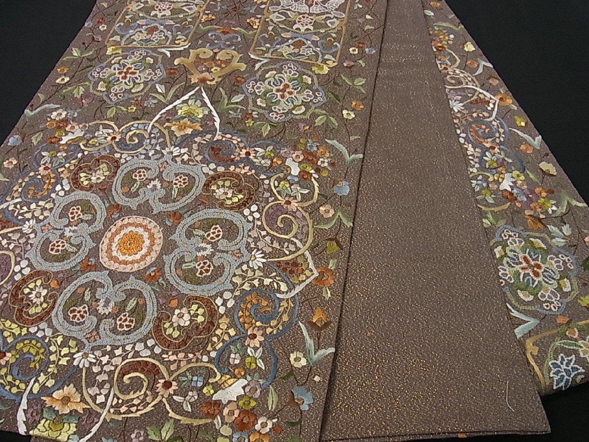 平和屋着物□六通柄袋帯 総刺繍 スワトウ相良刺繍 双鳥花唐草文 金通し