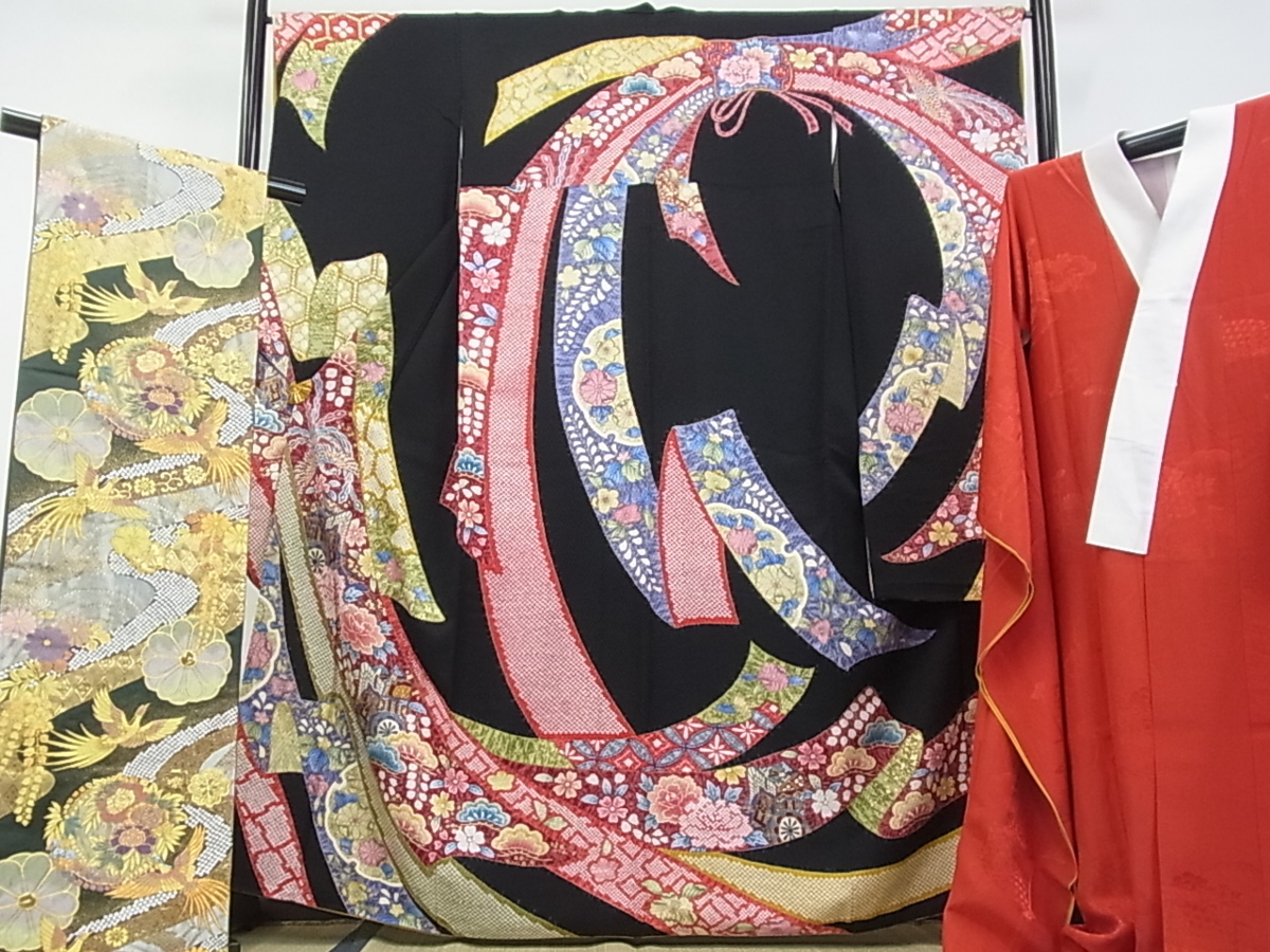 春新作の 平和屋□極上 振袖・長襦袢・袋帯セット 束ね熨斗御所車花文
