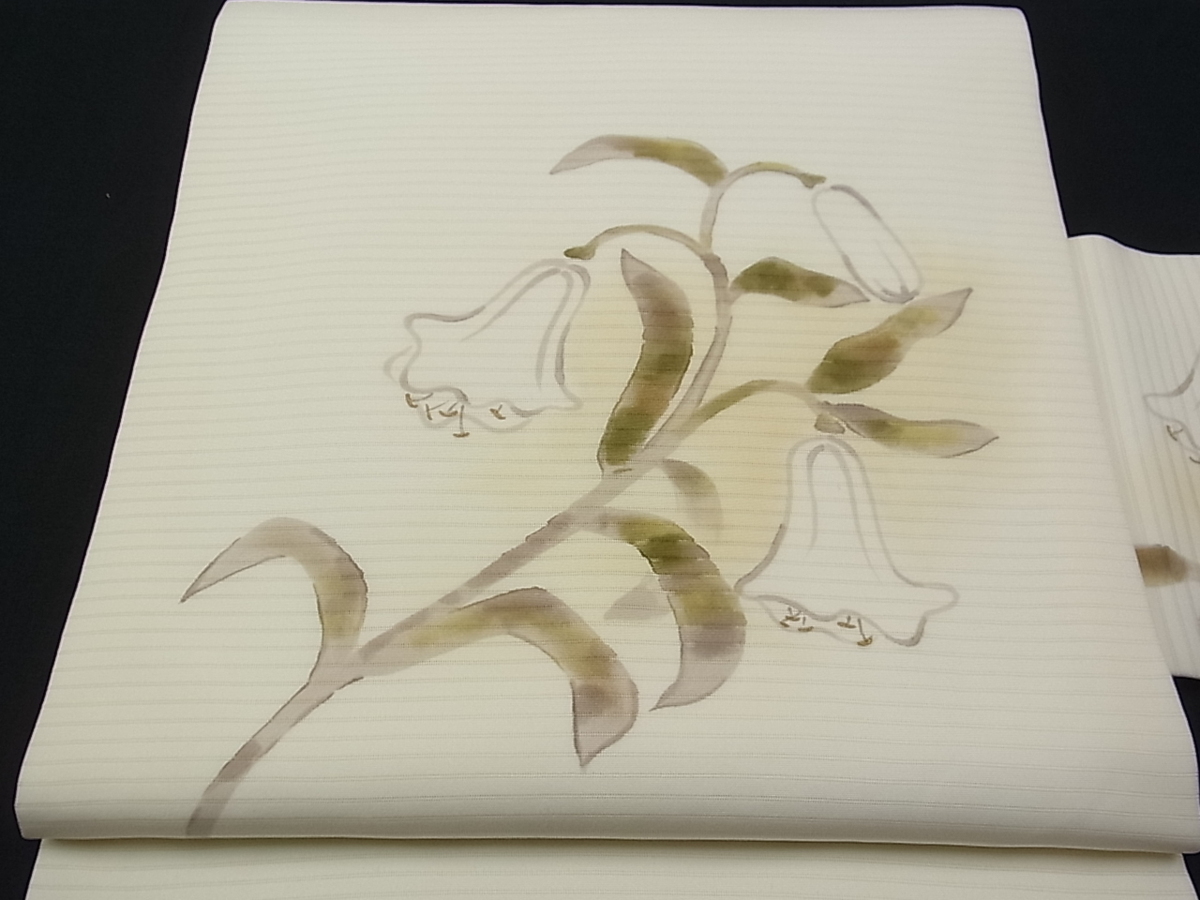 人気絶頂 平和屋■極上 夏物 九寸名古屋帯 絽塩瀬 手描き 釣鐘草 逸品 未使用 s30731 仕立て上がり 人気絶頂 平和屋■極上 夏物 九寸名古屋帯 絽塩瀬 手描き 釣鐘草 逸品 未使用 s30731 仕立て上がり