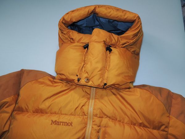 90s Marmot マーモット フード付き ダウンジャケット XLサイズ オレンジ 生地切替 ダブルジップ グースダウン オールド ビンテージ_画像9