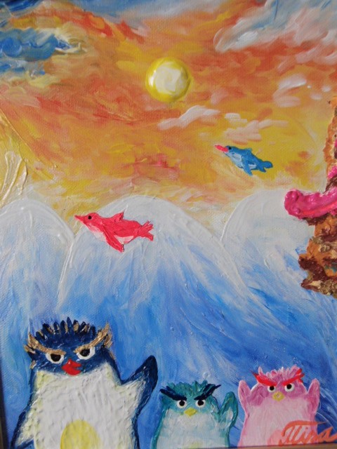 【お買い得！】 ≪国美協≫鈴木美紗、『空飛びペンギン』、油彩画・F3号：27,3cm×22,0㎝、油絵一点物、新品高級油彩額付、直筆サイン・真作保証付 自然、風景画