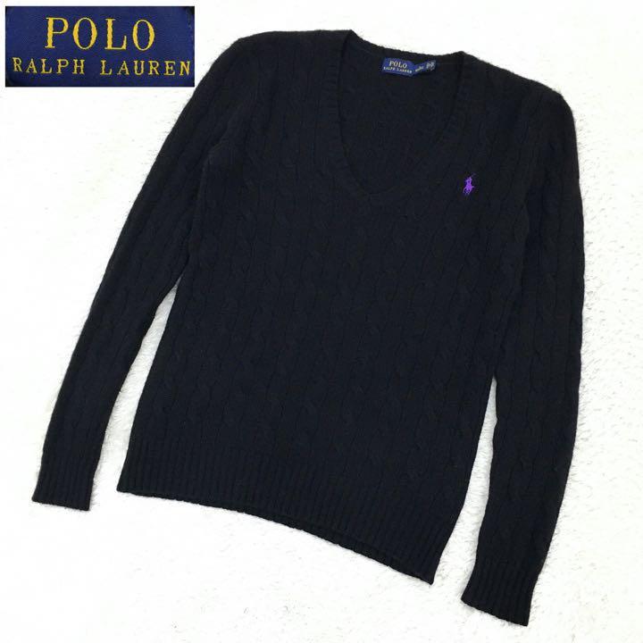 POLO RALPH LAUREN ポロ ラルフローレン ニットセーター カシミヤブレンド イタリア製糸 ウール Vネック ポニー刺繍ロゴ レディースS 黒_画像1