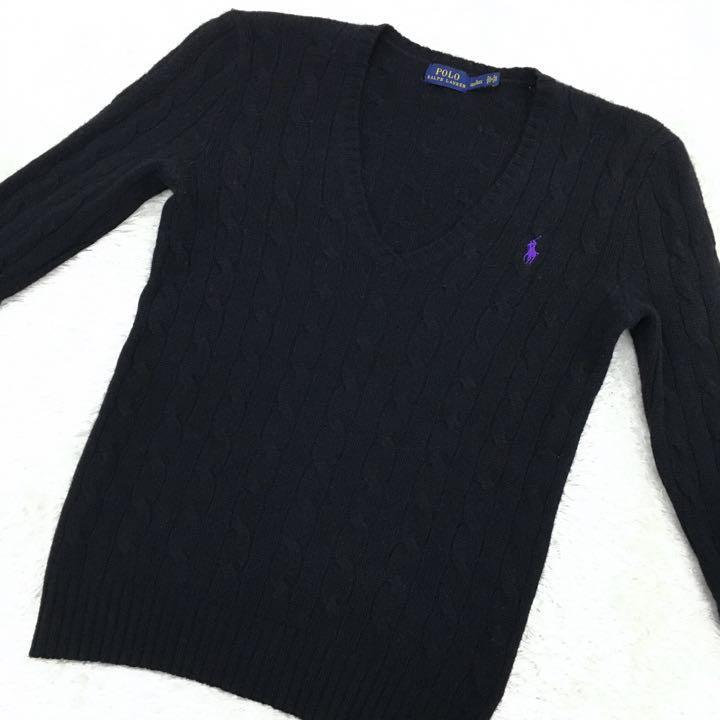 POLO RALPH LAUREN ポロ ラルフローレン ニットセーター カシミヤブレンド イタリア製糸 ウール Vネック ポニー刺繍ロゴ レディースS 黒_画像2