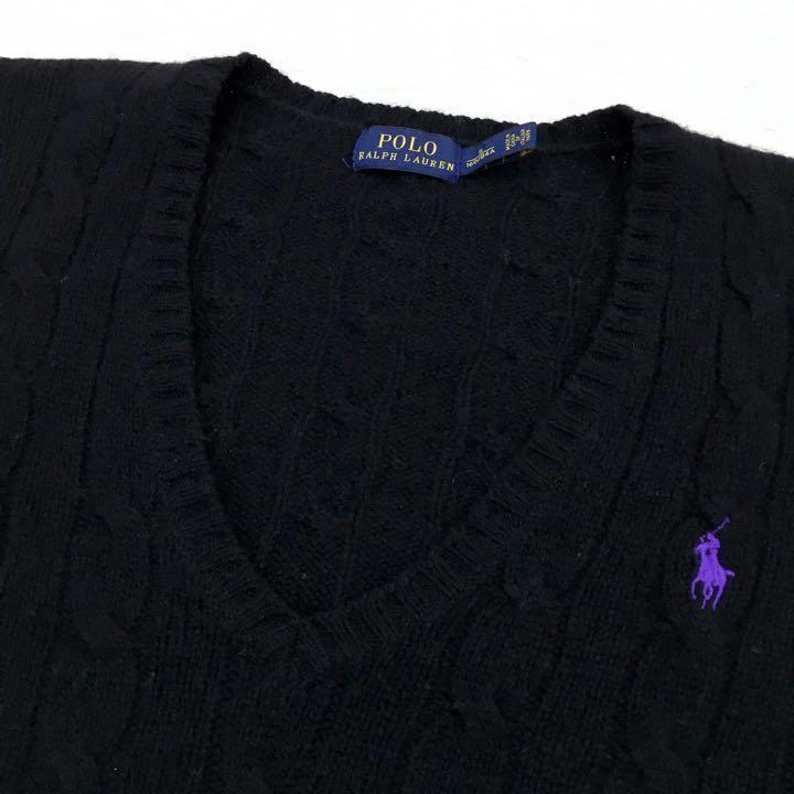 POLO RALPH LAUREN ポロ ラルフローレン ニットセーター カシミヤブレンド イタリア製糸 ウール Vネック ポニー刺繍ロゴ レディースS 黒_画像3