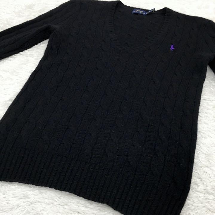 POLO RALPH LAUREN ポロ ラルフローレン ニットセーター カシミヤブレンド イタリア製糸 ウール Vネック ポニー刺繍ロゴ レディースS 黒_画像5