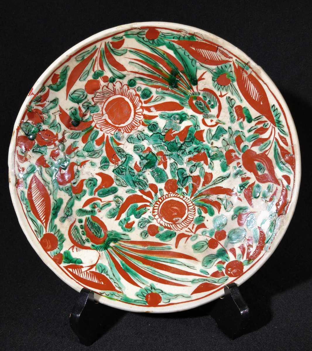 古い中国 明末 呉須 赤絵 「赤絵平鉢」 花鳥図 25cm 平鉢 時代箱 中国美術 貴重 bdisem-D下a2457