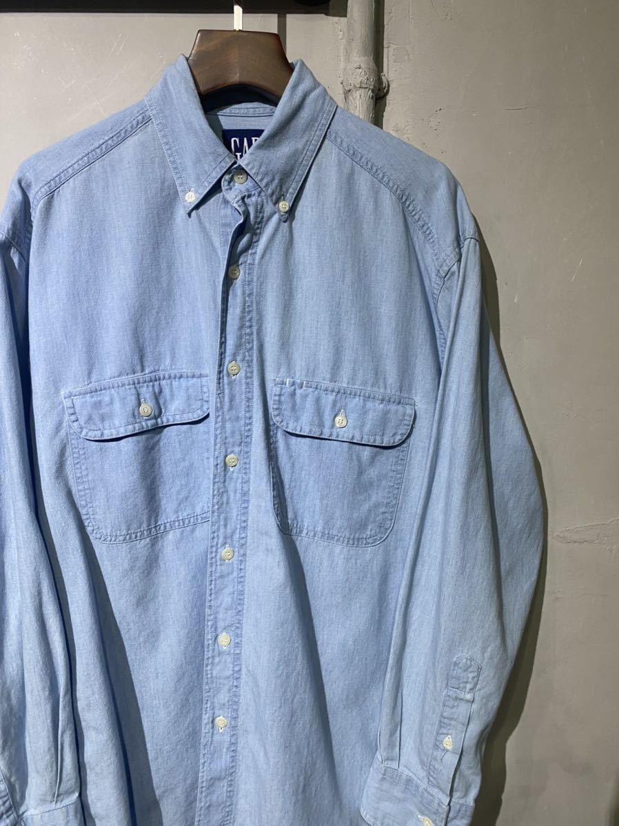 【即決】90s OLD GAP オールドギャップ シャンブレー シャツ ボタンダウン 長袖 ブルー コットン100% 90年代 古着 S