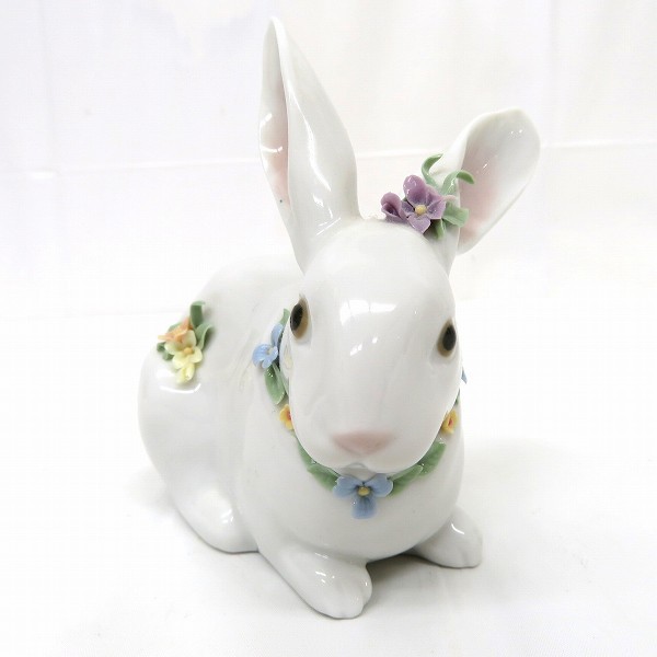 リヤドロ 06098 花飾りの白ウサギ2 ポーセリンアート ブランド小物 陶器人形 置物☆0302 5