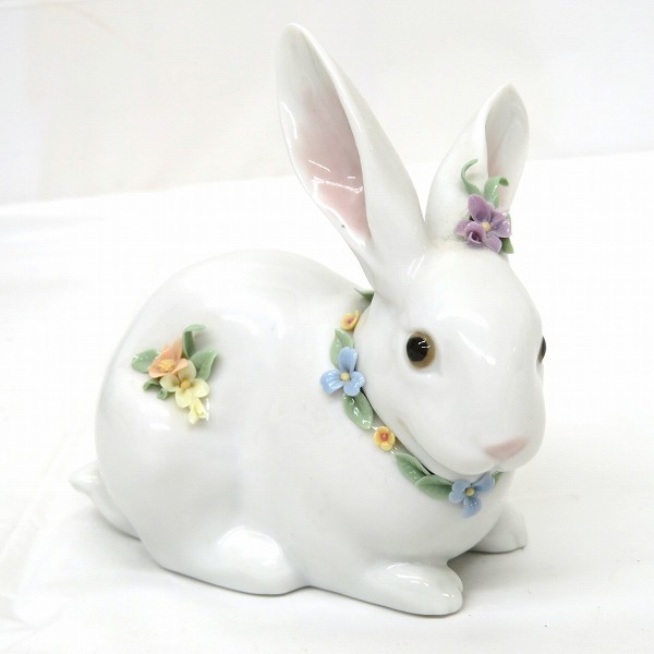 リヤドロ 06098 花飾りの白ウサギ2 ポーセリンアート ブランド小物 陶器人形 置物☆0302 1