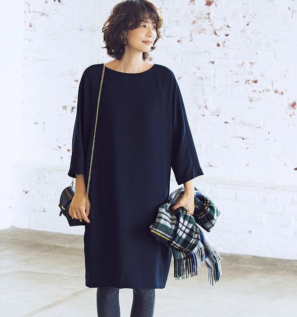 定価34,100円 saqui サキ dolman sleeve one-piece ファリエロサルティ バックサテン ジョーゼット ワンピース navy