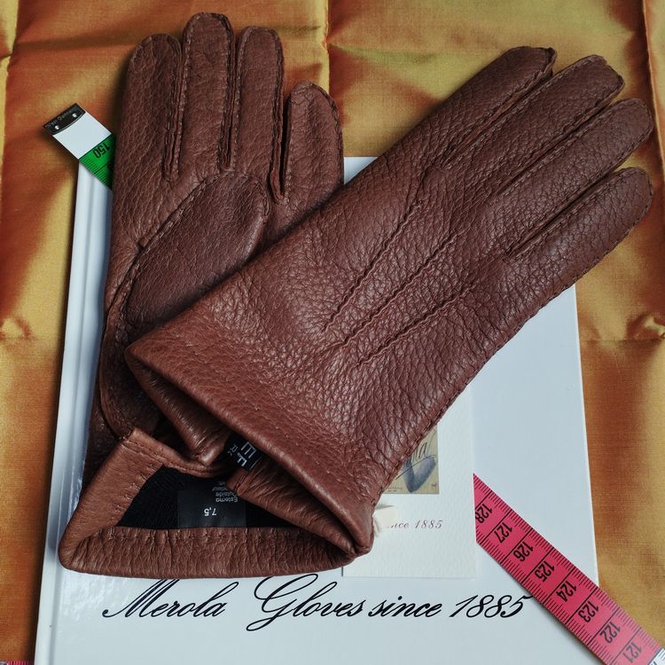 今季 一枚革 メローラ ペッカリー茶テラコッタ色 カシミア黒 グローブ 革手袋 親指-3mm MEROLA