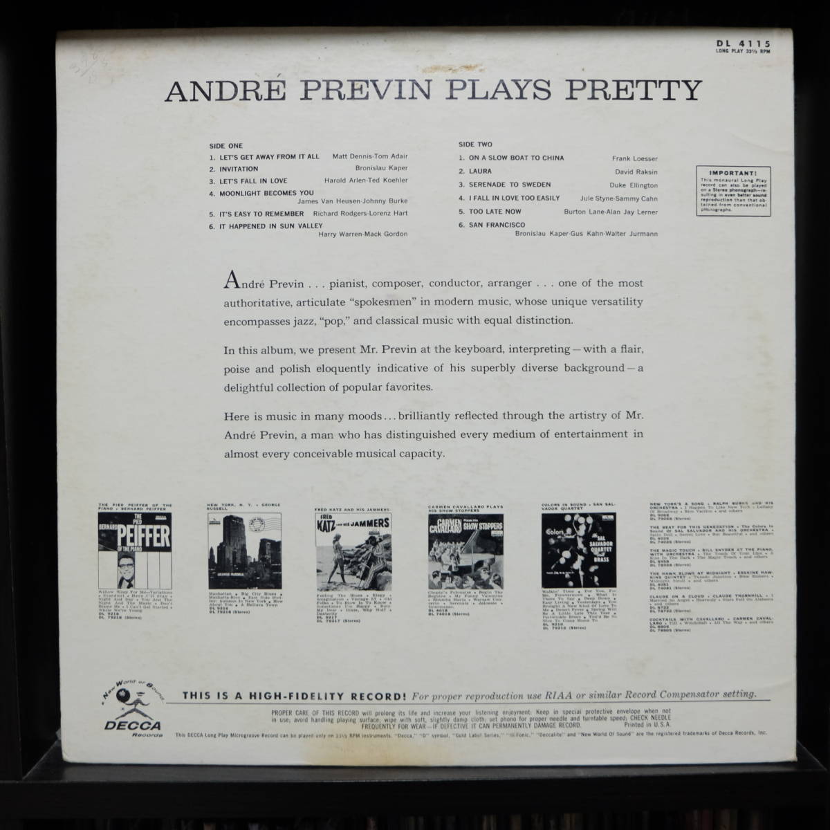Decca【 DL 4115 : Andre Previn Plays Pretty 】DG / Andre Previn_画像2