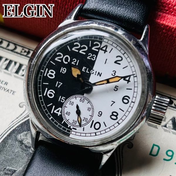 OH済時間ダイヤル極美品年代 ELGIN エルジン アンティーク ブラック&ホワイト ミリタリー  手巻き 機械式 腕時計  メンズ