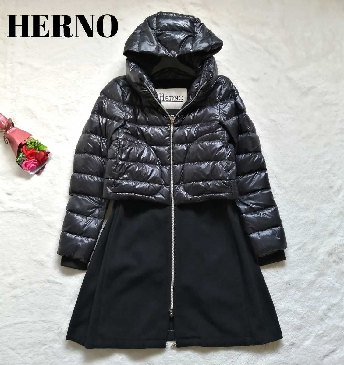 HERNO ヘルノ ダウンコート ダウンジャケット ウール切り替え 異素材ミックス　リブ　ブラック 黒 レディースファッション コート、アウター