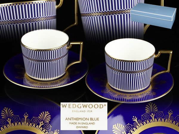 魁◆本物保証 WEDGWOOD ウェッジウッド アンセミオンブルー ティーカップ＆ソーサー ２客セット 未使用箱付